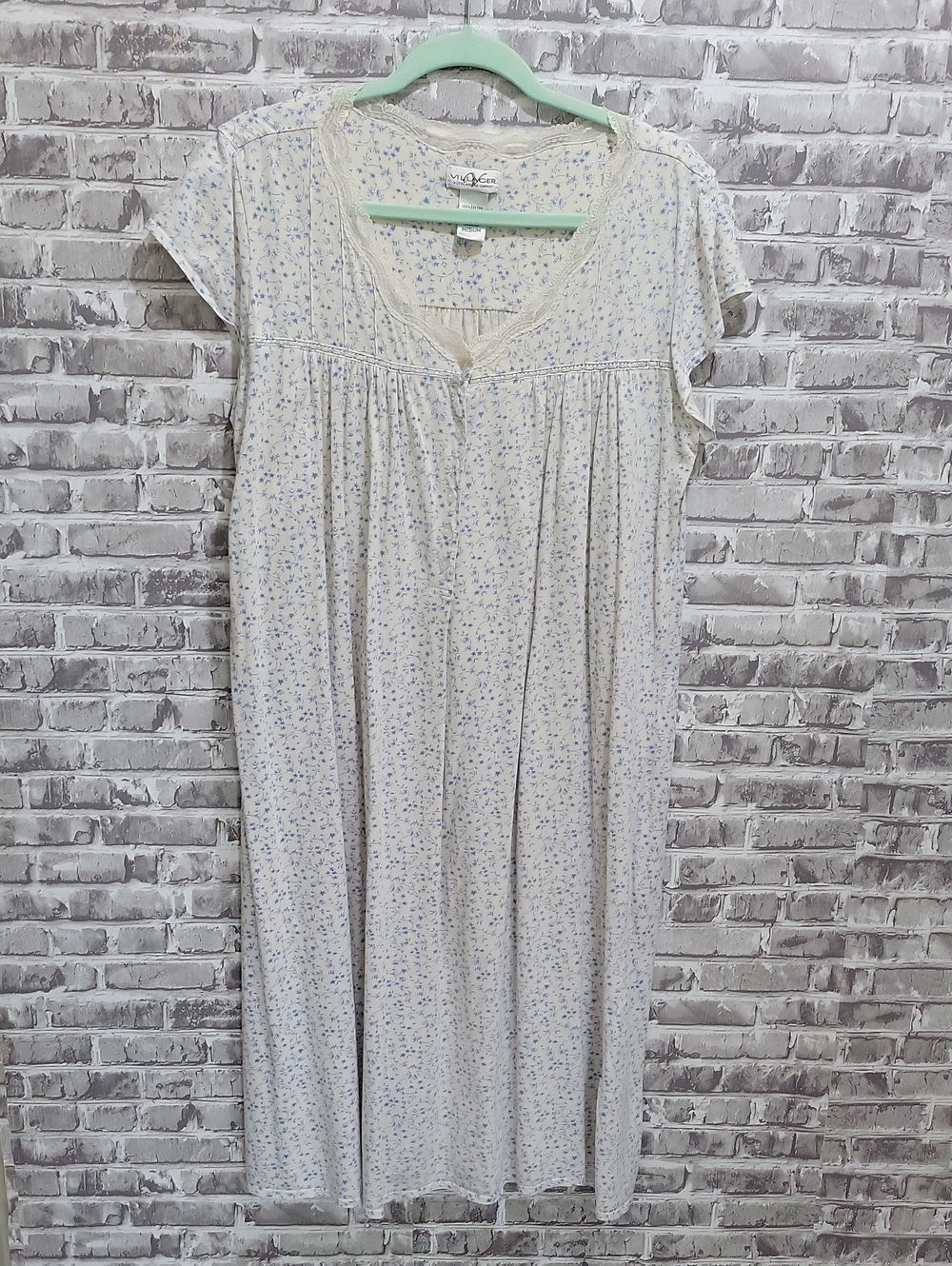 villager Cream 100% Cotton Long Nightgown, Light Blue Micro Floral, Lace Trim M
